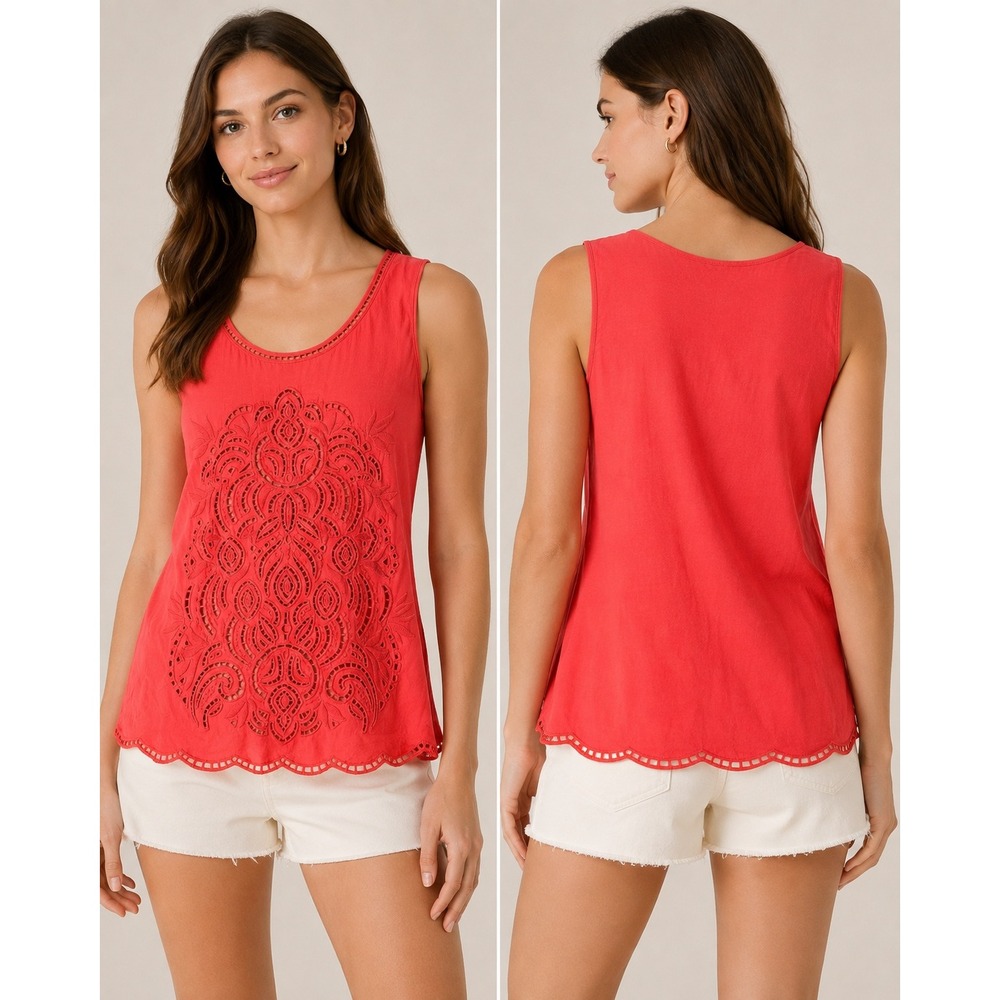 J.Crew Womens S Coral Red Eyelet Applique Tank Top Cotton Lined Sleeveless SP13